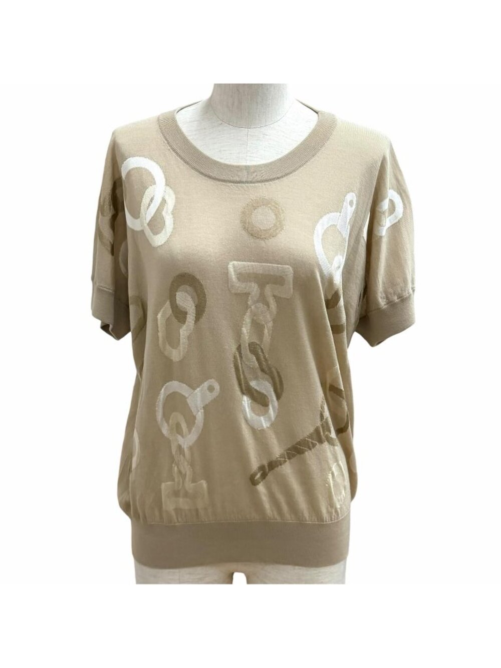 Hermes Kaleidoscope Effect Wool Silk Blend Crew Neck Short Sleeve Knit Beige IT